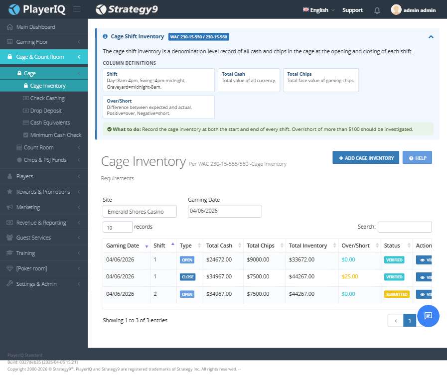Cage Shift Inventory — Denomination-level open/close with VERIFIED badges