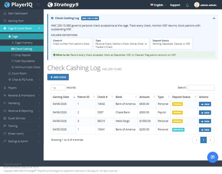 Check Cashing Log — Personal/payroll with PENDING/DEPOSITED badges