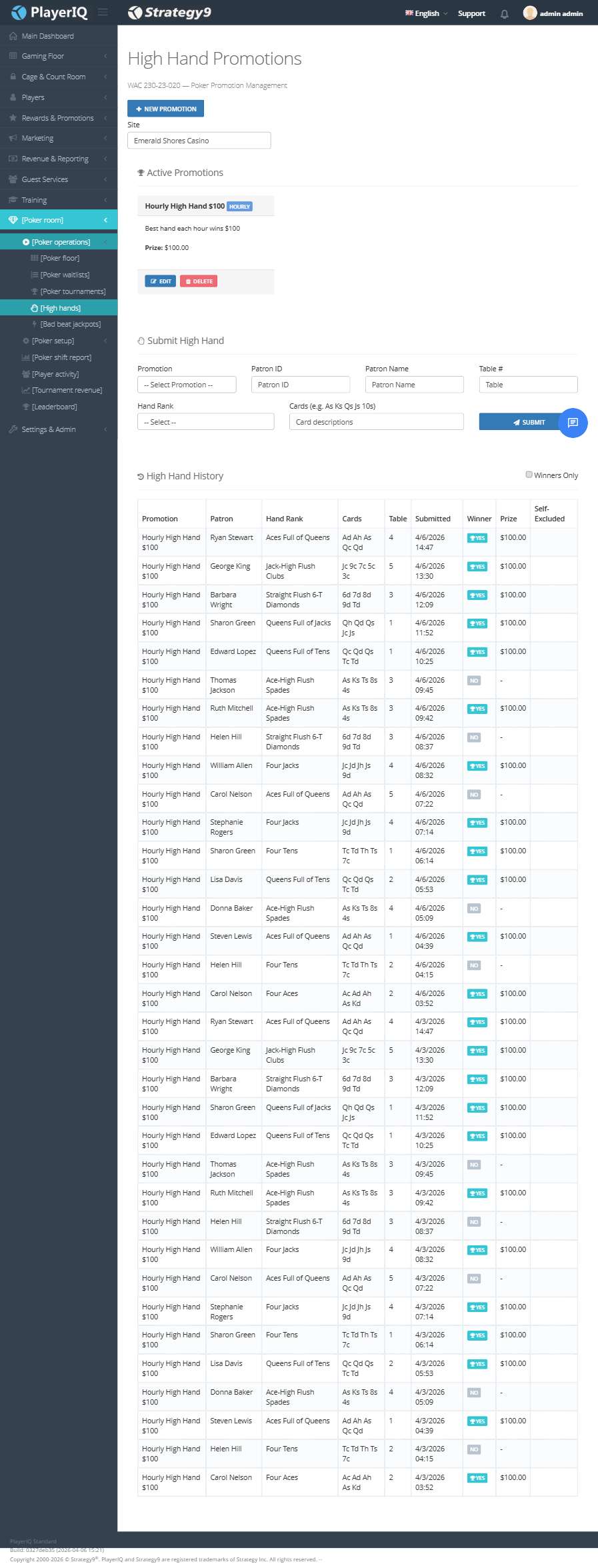 High Hand Promotions — Hourly winners with hand ranks