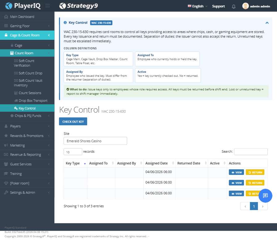 Key Control — Active assignments with checkout/return