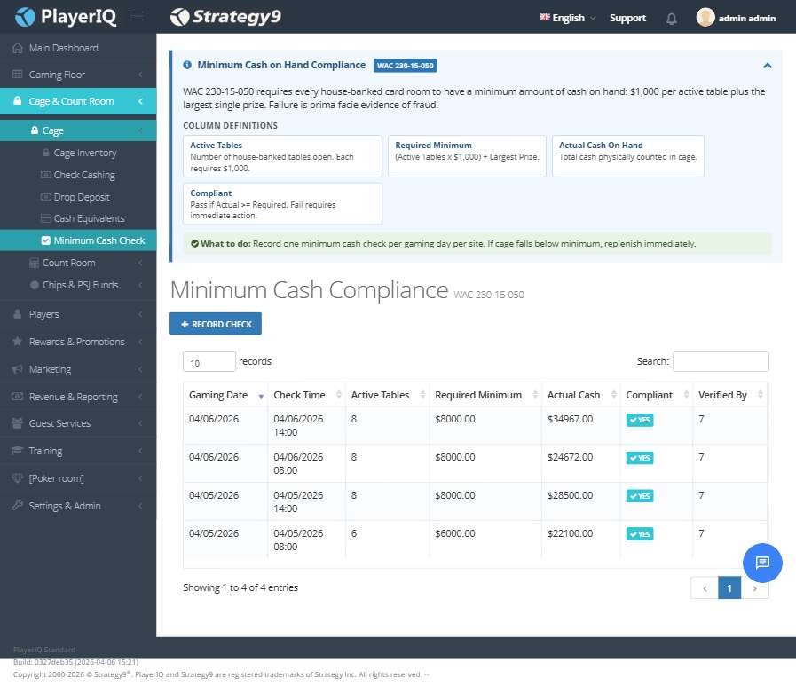 Minimum Cash — All YES compliant (8 tables × $1,000 required)
