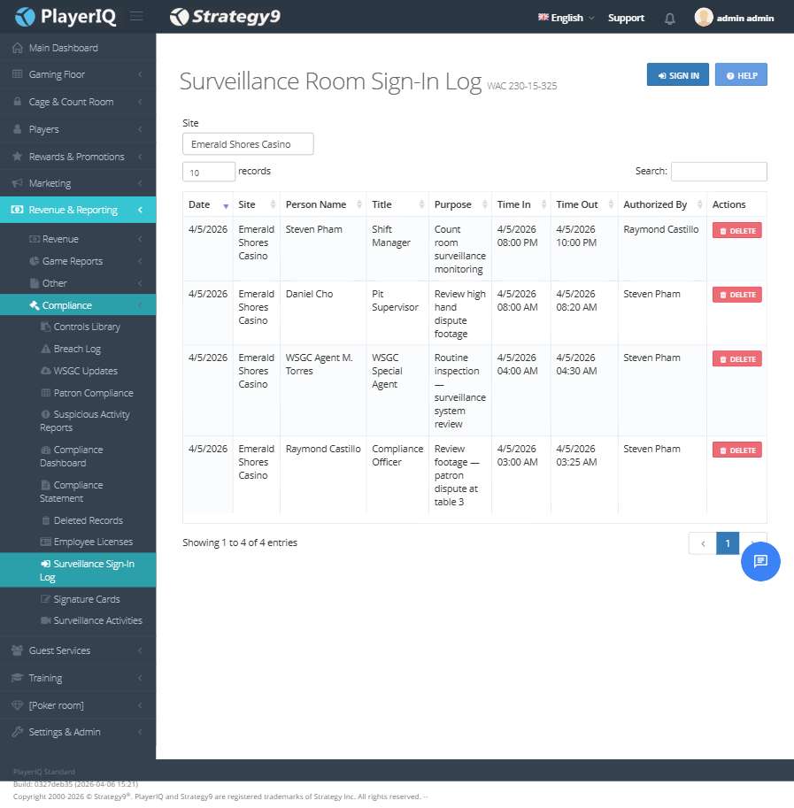 Surveillance Sign-In — Including WSGC agent inspection documentation